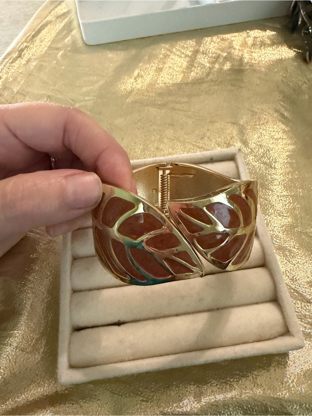 Gold-Tone Brown Enamel Leaf Cuff Bracelet